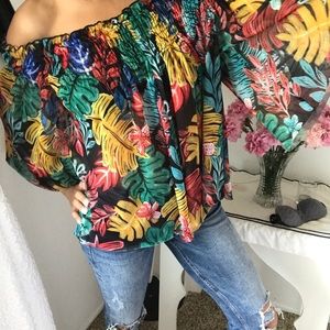 Zara Spring tropical off the shoulder sheer top